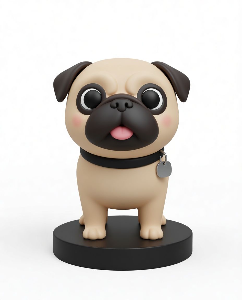 Cartoon pug figurine wearing a collar, sitting on a round black base