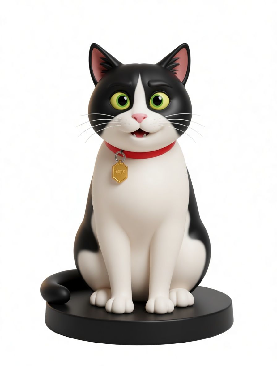 Cartoon black-and-white cat figurine sitting on a round black base