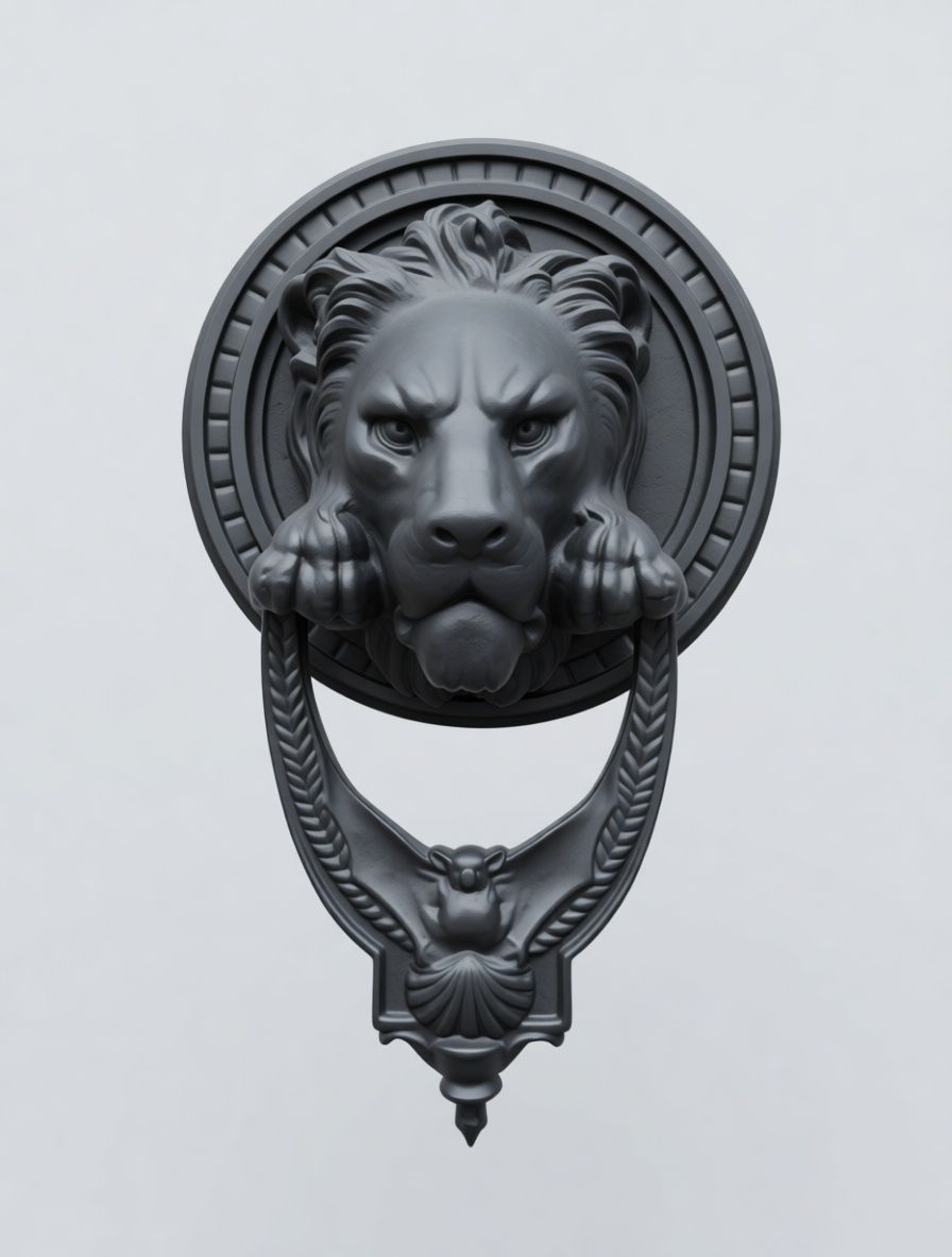 Black lion head door knocker with a ring in its mouth