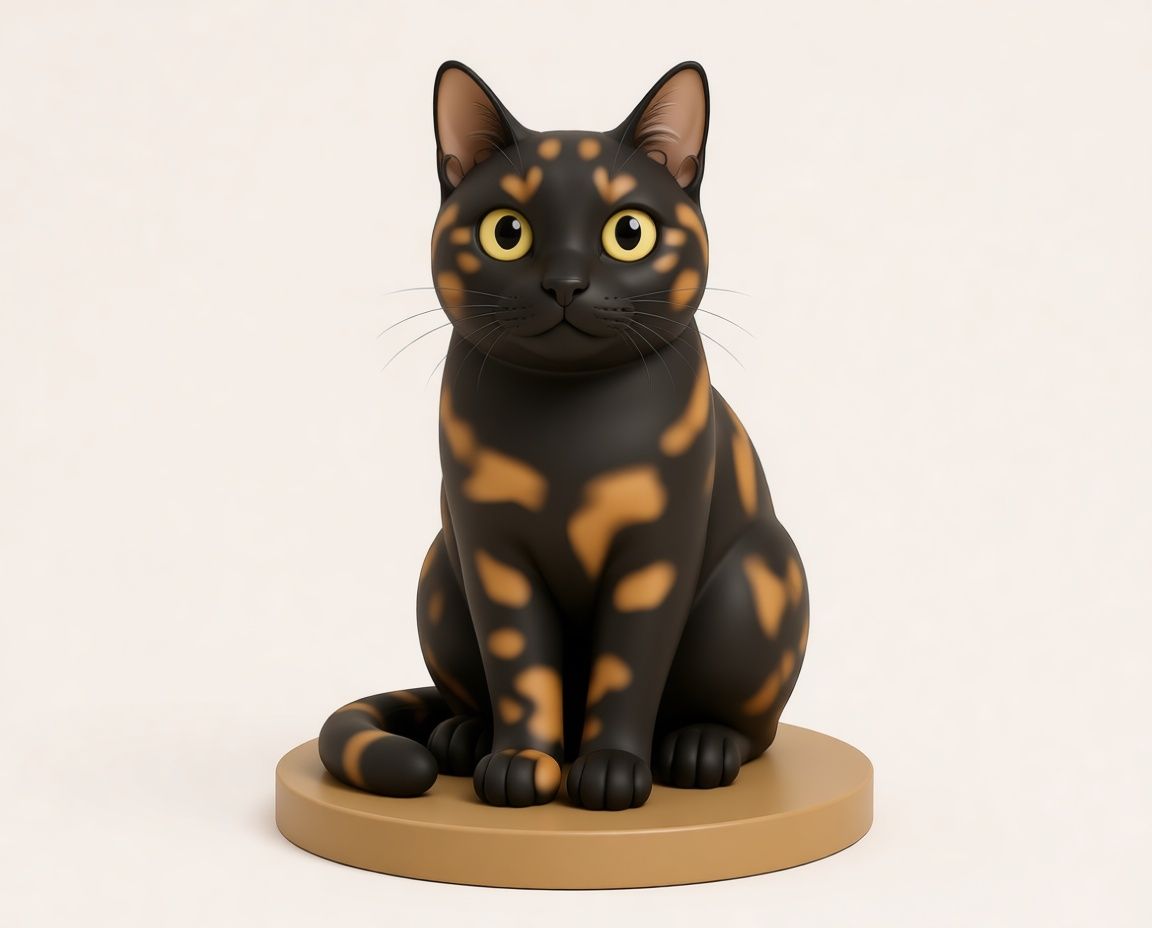 Realistic tortoiseshell cat figurine sitting on a round wooden base