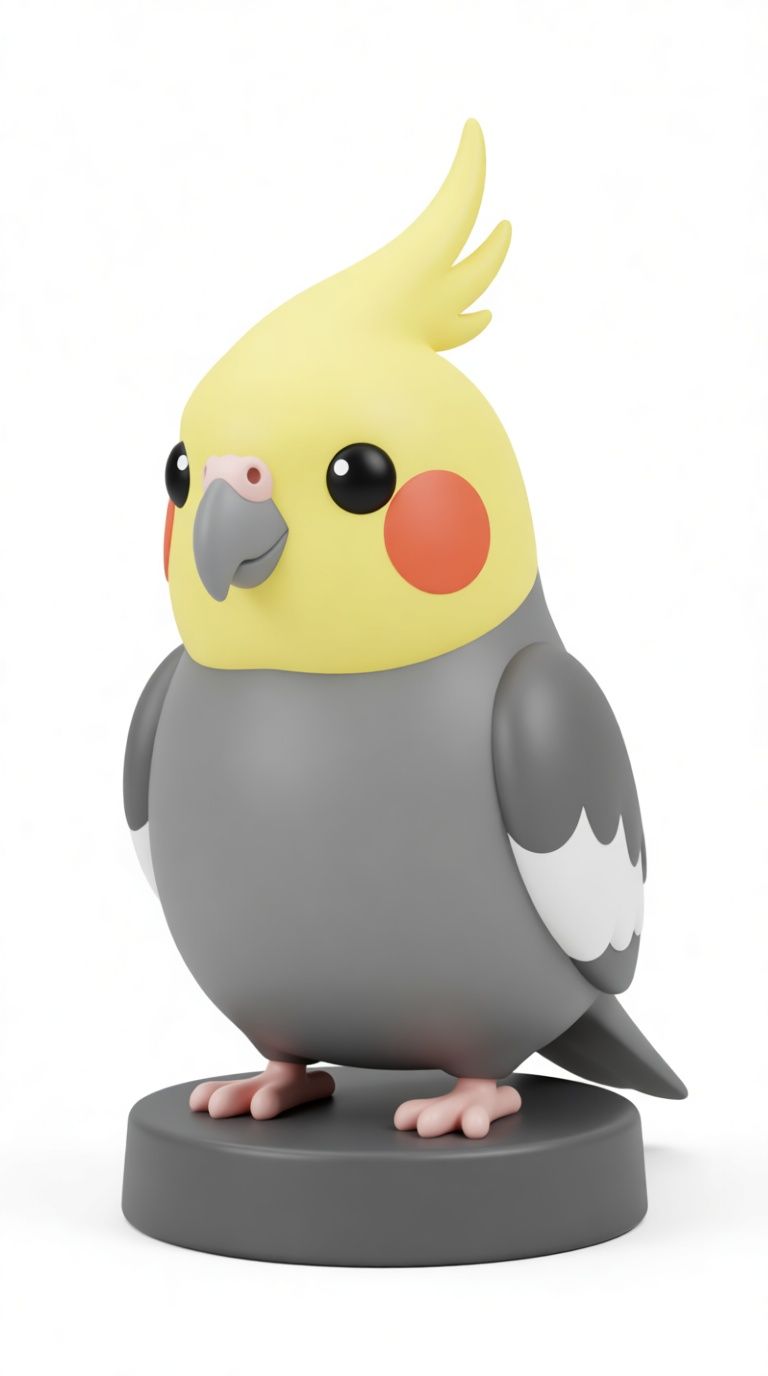 Cartoon cockatiel figurine with a yellow crest, on a round base