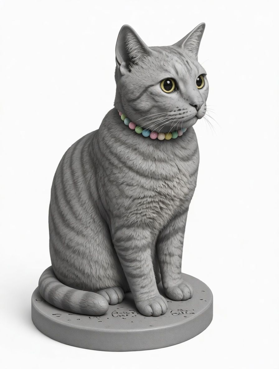 Unpainted grey statue of a sitting tabby cat on a round base