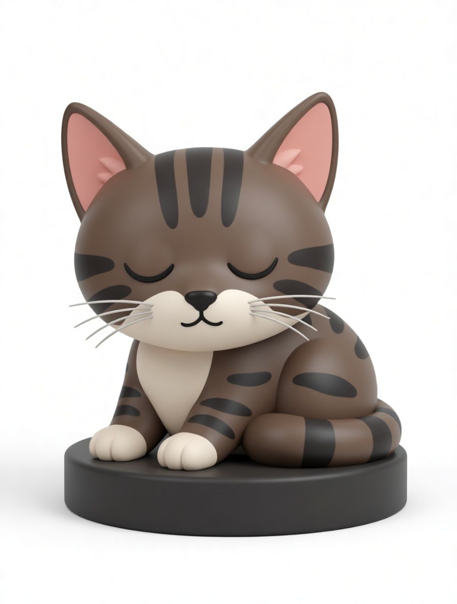 Cartoon tabby cat curled up asleep on a round black base