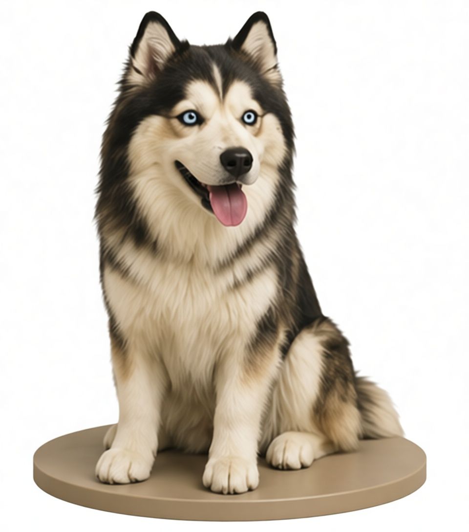 Realistic Siberian husky figurine sitting on a round wooden base