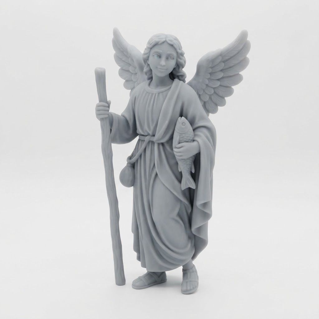 Unpainted grey statue of a winged angel holding a staff