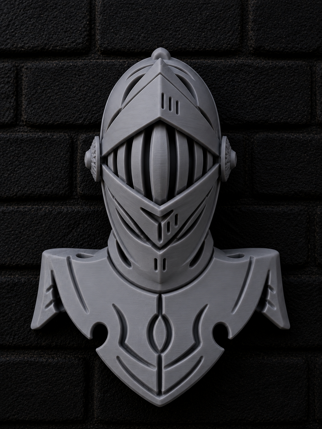 Grey 3D printed bust of a knight in a closed medieval helmet