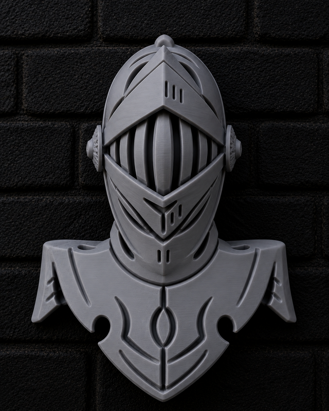 Grey 3D printed bust of a knight in a closed medieval helmet