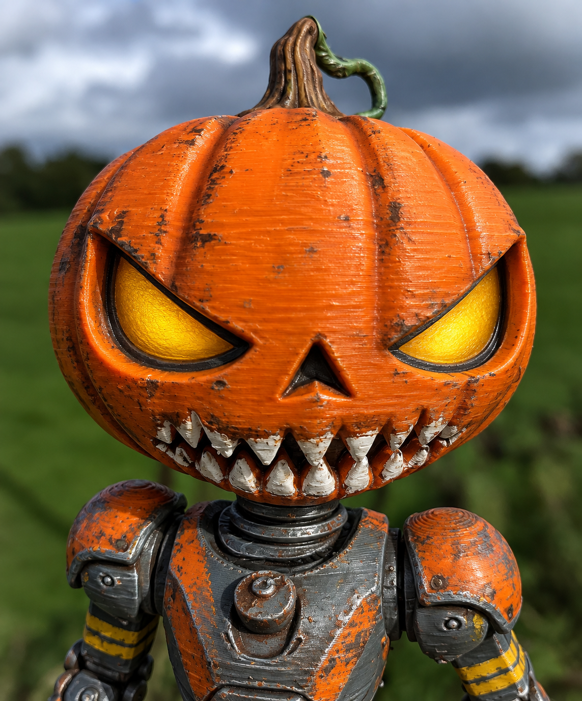 Painted 3D print of a robot with a carved pumpkin for a head